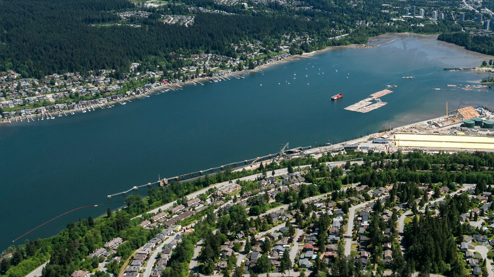 Aerial view of Port Moody's forested slopes meeting Burrard Inlet