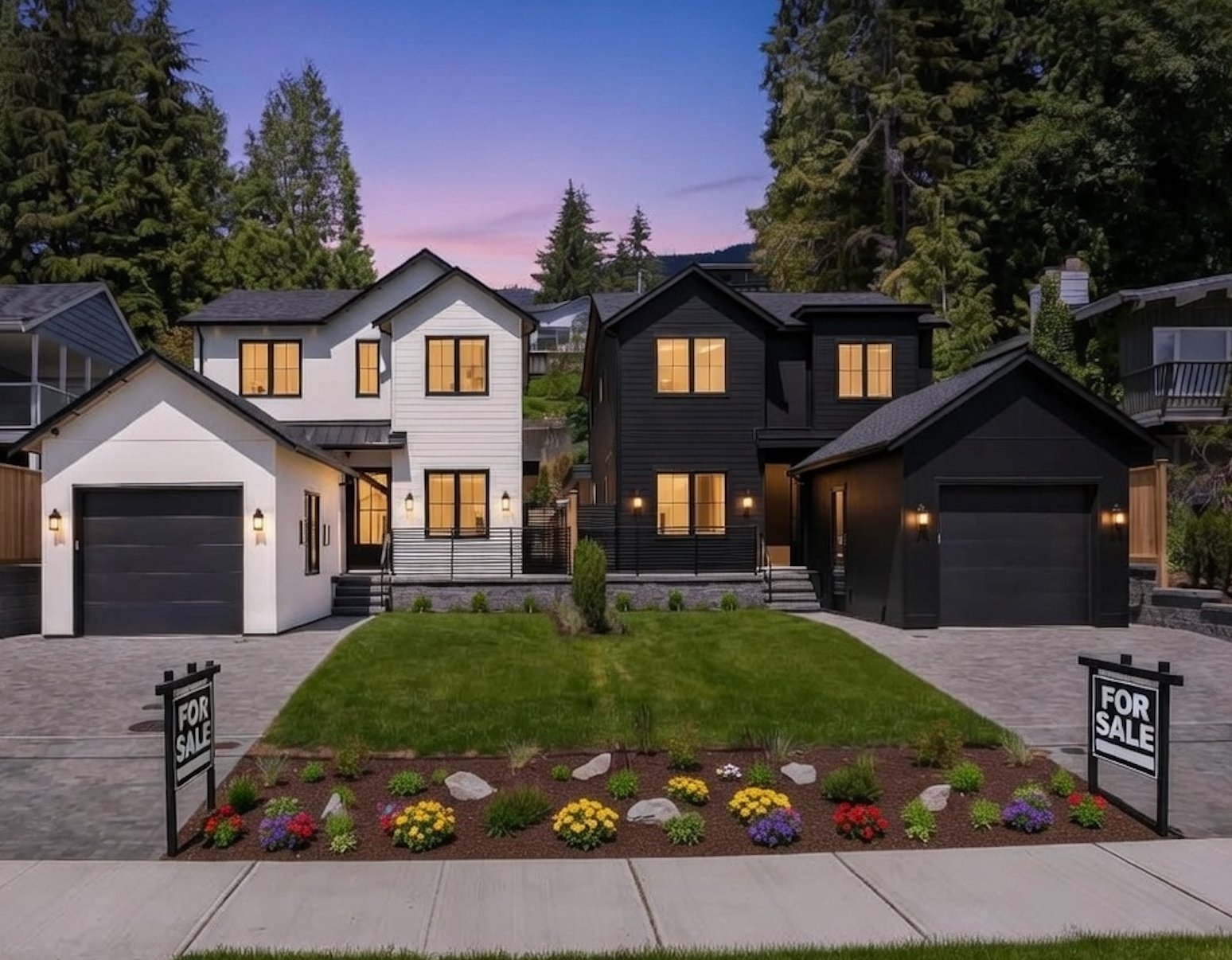 Modern duplex homes for sale in Port Moody — white and dark exterior at dusk